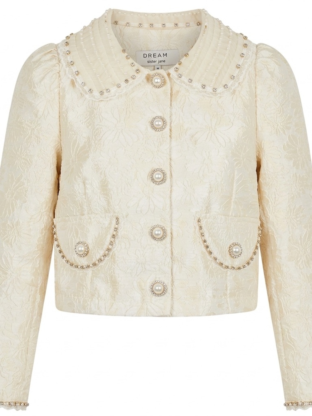 ⁠DREAM Sister Jane NWT Laces Jacquard Embellished Top Pearl Crystal Champagne XS